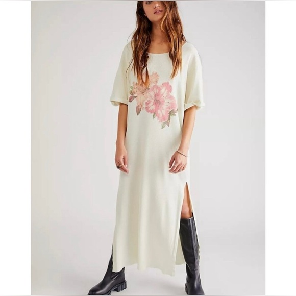 Free People X Vintage Souls Hibiscus Floral Maxi Dress Ivory Pink Hippie Boho - Picture 1 of 14